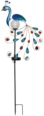 Produktbild von Solar Gartenspieß ,Peacock' , Pfau , mit Leuchtkugel + Dämmerungssensor , warmweiß , H 80cm