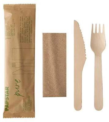 Produktbild von 1500x Bestecksets aus Holz "pure", Messer, Gabel, Serviette in Papierbeutel Holzbesteck