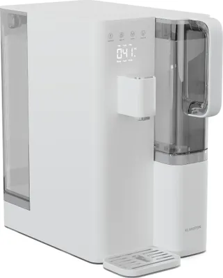A white water filter system with a digital display and a transparent water tank.