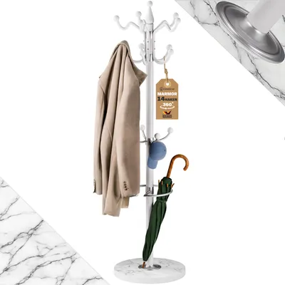 A white coat rack with a marble base, featuring a beige jacket, a blue cap, and a green umbrella.