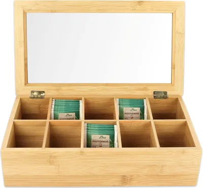 Produktbild von Schramm® Teebox aus Bambus Tee Box Deckel 36x20x9cm mit 10 Fächern Teekiste mit Sichtfenster Teebeutelbox Teekasten Tee Box