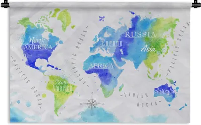 Produktbild von MuchoWow® Wandteppich Wandbehang Weltkarte - Aquarell - Grün - Blau 60x40 cm Tapisserie Dekoration Wandtuch - Wanddekorationen