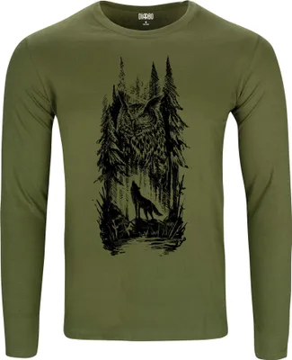 Produktbild von Herren Warm, Langarm-T-Shirt mit Druck Wolf und Eule Grün Gr.M