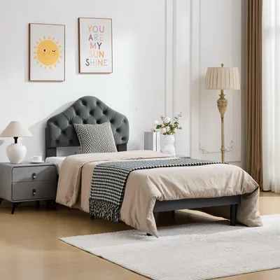 Produktbild von Polsterbettrahmen 90 x 200 cm Samt höhenverstellbares Kopfteil grau