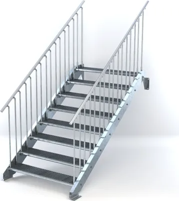 Produktbild von Stahltreppe 8 Stufen bis Höhe 160 cm, Laufbreite : 120 cm beidseitiges Geländer ST 2 (31 / 31 mm gezackt)