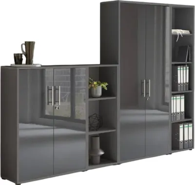 A modern, modular office storage unit with a high-gloss finish.