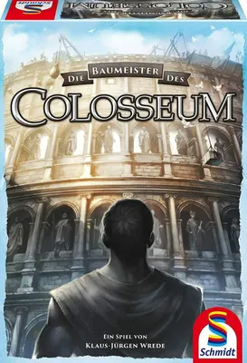 The image shows the front of a board game box, featuring artwork of the Colosseum and a person looking at it. The game title and branding are prominently displayed.