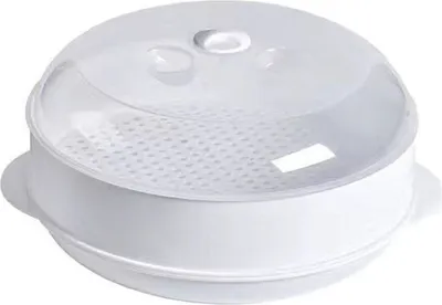 A white microwave steamer with a transparent lid.