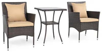Immagine prodotto di Set da giardino in rattan composto da 3 pezzi con cuscini e tavolo in vetro.