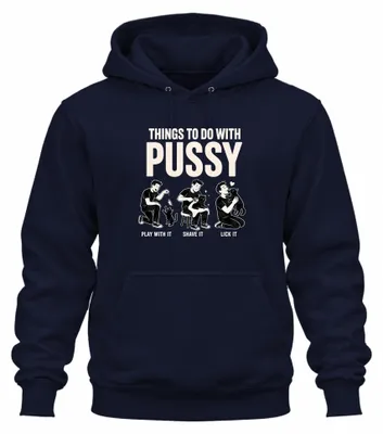 Imagen del producto de Sudadera con capucha "Pussy Lustig Katze", diseño sarcástico, color azul marino, talla L