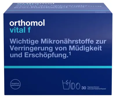 Produktbild von Orthomol Vital f für Frauen - bei Müdigkeit - mit B-Vitaminen, Omega-3-Fettsäuren, Magnesium - Grapefruit-Geschmack - Granulat/Tabletten/Kapseln, 30 St. Tagesportionen