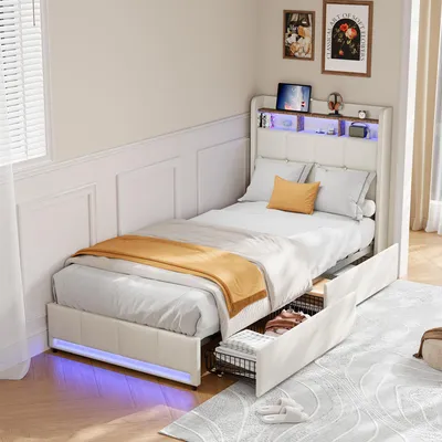 Image de Lit tapissée INONEFT, 90x200 cm, lit simple avec LED, 2 tiroirs et sommier à lattes, tête de lit avec rangement et port USB, lit multifonctionnel pour adolescents, couleur lin, beige