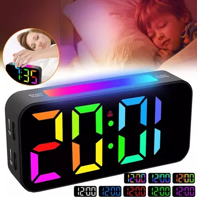 Obrázek produktu pro Digitální budík, dětský budík s nočním světlem RGB, budík u postele, nastavitelný jas, 12/24h, napájení USB, paměťová funkce