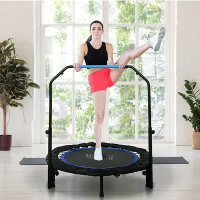 Produktbild von Minitrampolin mit Haltegriff, Fitness Trampolin klappbar, Trampolin faltbar, Schwarz/Blau  |  4-stufig verstellbar  |  bis 150 kg  |  Ø 102 cm
