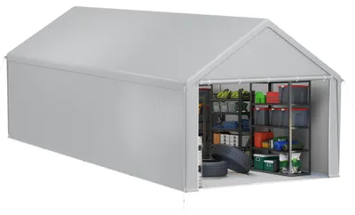 Produktbild von QEENTOE Zeltgarage Carport 4x8m Grau, UV-beständig & winterfest, wasserdichtes Gerätehaus mit PE-Plane, Abnehmbare Seitenwände, Unterstand für Auto, SUV, Boot