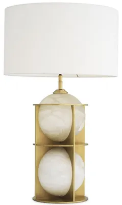 Produktbild von Casa Padrino Luxus Tischleuchte Antik Messing / Alabaster / Weiß Ø 45 x H. 75 cm - Moderne Metall Schreibtischleuchte mit Alabaster Kugeln und rundem Lampenschirm - Luxus Qualität