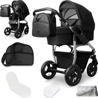 A collage of images showing a black baby stroller and its accessories.