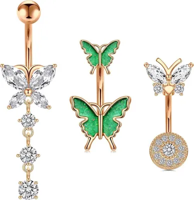 Productafbeelding van Buikpiercing, 3 stuks, hart- en vlindermotief, navelpiercing, chirurgisch staal, 10 mm