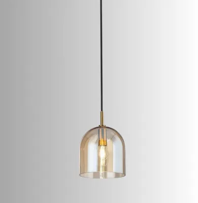 Immagine prodotto di Lampada a Sospensione in Vetro Ambra 16 cm, Montatura Oro Spazzolato, Attacco E14, Cavo in Tessuto Nero per Interni Moderni - Perenz