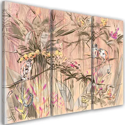 Produktbild von Triptychon auf leinwand dschungel-affen 150x100 cm Feeby rosa wandbild bereit zum aufhängen