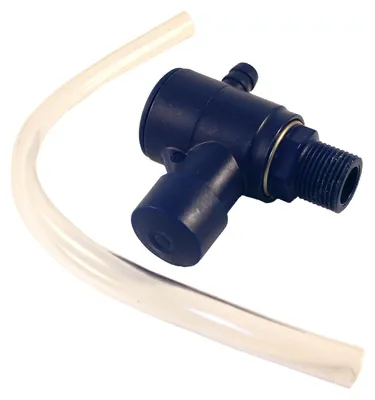 A black plastic valve with a clear plastic tube attached.