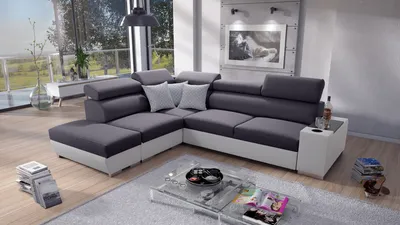 Produktbild von Ecksofa mit Schlaffunktion Eckcouch PERS VII Sofa Links Grau Stoff Sawana 96 + weißes Kunstleder