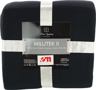 A folded black fleece blanket with a product tag and white ribbon.