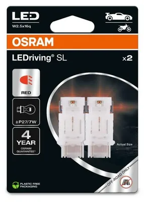 Image de 2 Ampoules LED ROUGE LAMPE LED LEDriving SL P27/7W Red ECO PACKAGING Osram 3157DRP-2BL