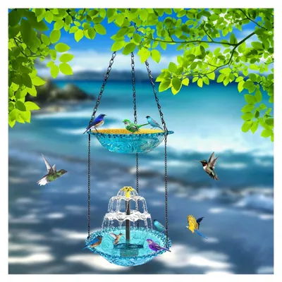 Produktbild von Hängendes Vogelbad und Vogelfutterspender, Solarbrunnen für den Garten, Kolibrifreundliches Design für kleine Vögel, Kunststoff, 23 X 70 cm