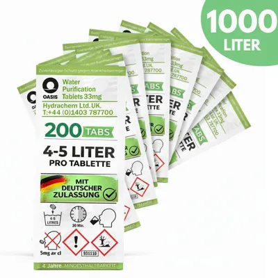 Produktbild von JUNG Oasis 200x5L (1000L) Trinkwasseraufbereitung Tabletten 33mgGR + faltbarer Wasserkanister Camping Wasserentkeimung Wasseraufbereitung Trinkwasser