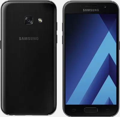 A black Samsung Galaxy A3 (2017) smartphone is shown from the front and back.
