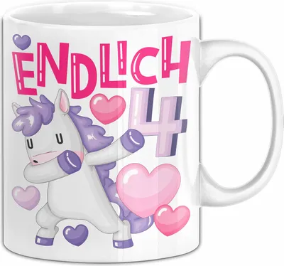 Produktbild von 4. Geburtstag Geschenk Tasse Becher Mädchen Einhorn Geburtstagsgeschenk Tochter Endlich 4 (Weiß)