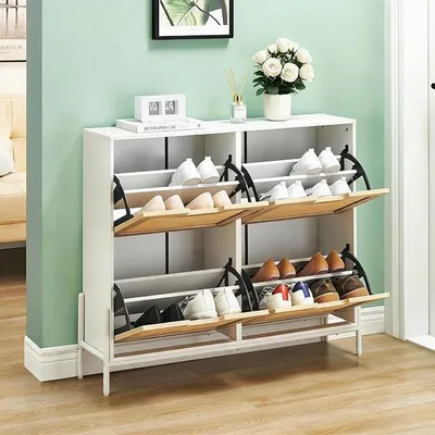 Imagen del producto de Armario para zapatos con 4 puertas, frente de ratán, zapatero, 100x24x88 cm
