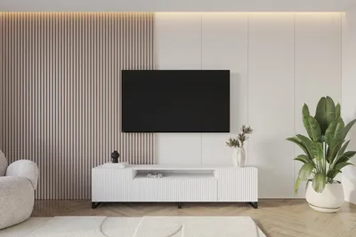 Produktbild von ALTDECOR TV-Schrank NOA-2-S mit Gefrästen Fronten 200x53x41 Lowboard, TV Möbel, TV Cabinet, Fernsehtisch, Fernseher Schrank, TV Kommode, TV Tisch, TV Sideboard, TV Board - Weiß