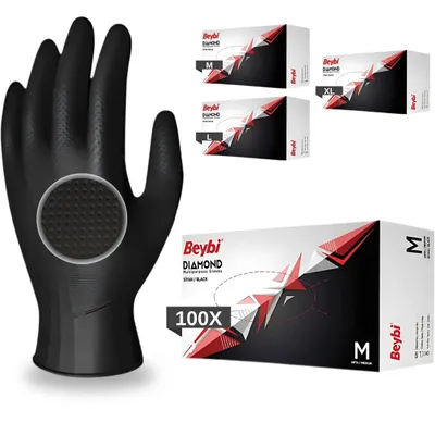 Produktbild von BEYBI®️ Einweghandschuhe Diamant Grip, 100 St/Box, Schwarz, Einmalhandschuhe Extra Stark, Nitrilhandschuhe Gr. L 3x Dicker, Handschuhe Einweg, M,L,XL