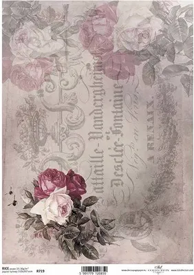 Produktbild von ITD Reispapier Decoupage Bastelpapier, Serviertentechnik, Vintage, Blumen, Schriftzug R0719