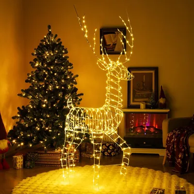 Produktbild von GOPLUS 186 cm LED Rentier, beleuchteter Weihnachtshirsch aus Metall in Gold mit 300 warmweißen Lichtern, Weihnachtsdekoration Rentier für Außen, Innen