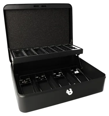 Produktbild von Westcott Geldkassette abschließbar (groß, 30cm) Schwarz | Robuste Kasse mit Zylinderschloss inkl. 2 Schlüssel | 4 Scheinfächer und Münzzählbrett zur Bargeldorganisation | E-51003 BLACK