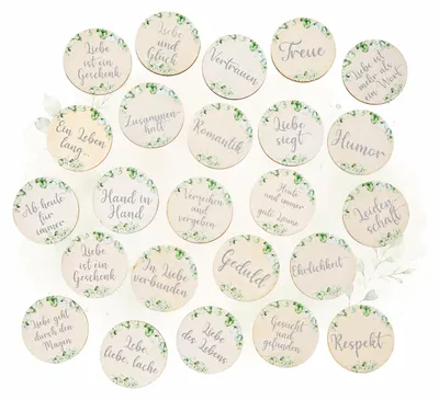 Produktbild von Logbuch-Verlag Eukalyptus Dekoration Hochzeit Streudeko Tischdeko 24 Holztaler Natur grün Sprüche Liebe Ø 4 cm