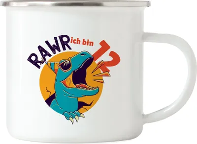 Produktbild von Raw Ich Bin 12 Emaille Tasse Geschenkidee 12. Geburtstag Humorvoll Sarkastisch Dinosaurier T-Rex Dino