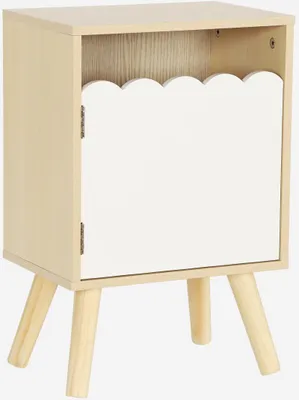 A small wooden cabinet with one door and four legs.