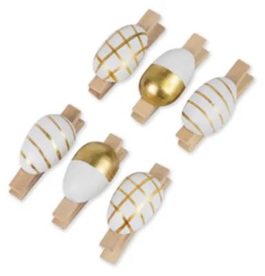 Produktbild von 6 Holzklammern Ostereier Gold + Weiß 4,5 cm - Einheitsgröße