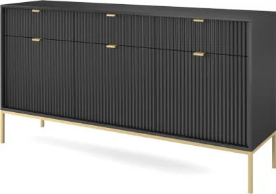 A black sideboard with gold legs and handles, presented against a white background.