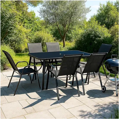 Produktbild von VORTIVO 7-teiliges Gartenmöbel-Set für 6 Personen – stapelbare Stühle, Tisch mit Glasplatte – wetterfest – für Garten, Balkon & Terrasse – Schwarz