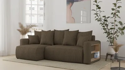 Zdjęcie produktu dla Sofa narożna z funkcją spania i podstawą łóżka SOLERO - sofa w kształcie litery L, sofa narożna, sofa rozkładana ze schowkiem, sofa z funkcją spania jasnobrązowa otomana lewa