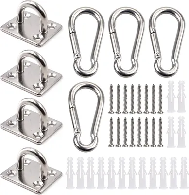 Imagen del producto de Kit de fijación de acero inoxidable, que incluye: 4 placas con ojales, 4 mosquetones, 16 tornillos, para uso en interiores y exteriores