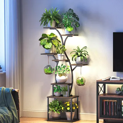 Zdjęcie produktu dla Stojak na rośliny, 150 cm, 8 półek, oświetlenie LED do wzrostu roślin, metalowy, czarny