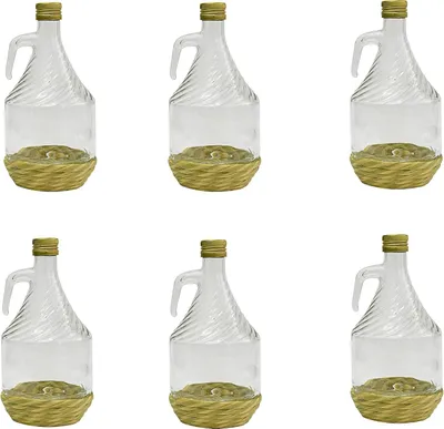 Produktbild von 6 x 1 L Glasflasche mit Henkel und Naturkorb, Glasballon mit Schraubverschluss für Wein, Saft, Likör, Spirituosen