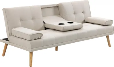 Image de HOMCOM Canapé convertible 3 places, canapé-lit rembourré avec dossier réglable 3 niveaux, 2 coussins et 2 porte-gobelets intégrés, tissu de lin, pour salon, chambre d'amis, petit espace, beige