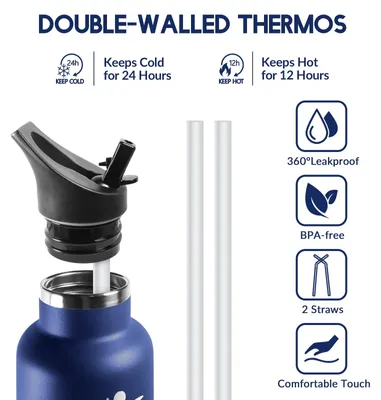 Produktbild von Mulbijeo Trinkflasche 750ML BPA-Frei, Auslaufsichere Isolierflasche Doppelwandig, Wasserflasche Edelstahl mit Strohhalm, 18/8 Edelstahl, Trinkflasche